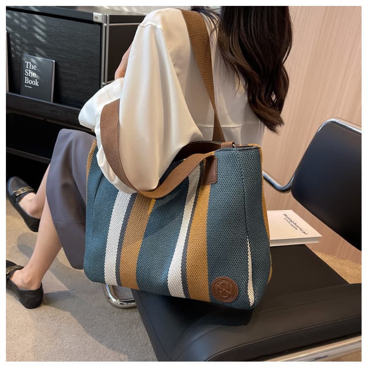 A4トートバック 大容量 ストライプ キャンバス トートバッグ