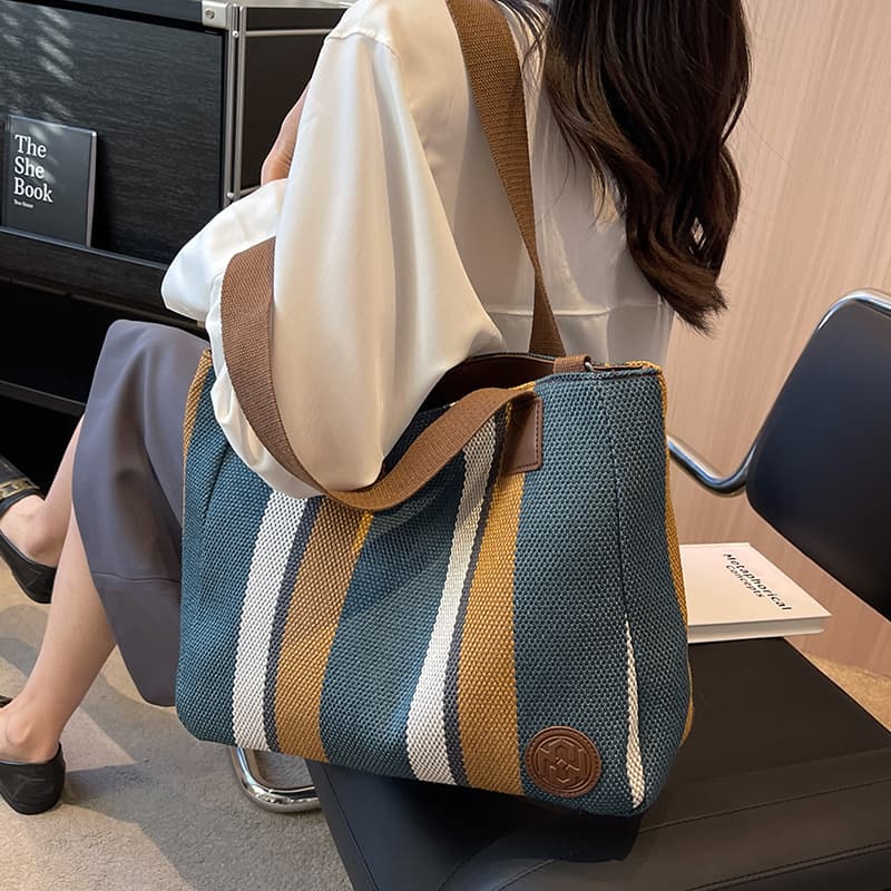 A4トートバック 大容量 ストライプ キャンバス トートバッグ
