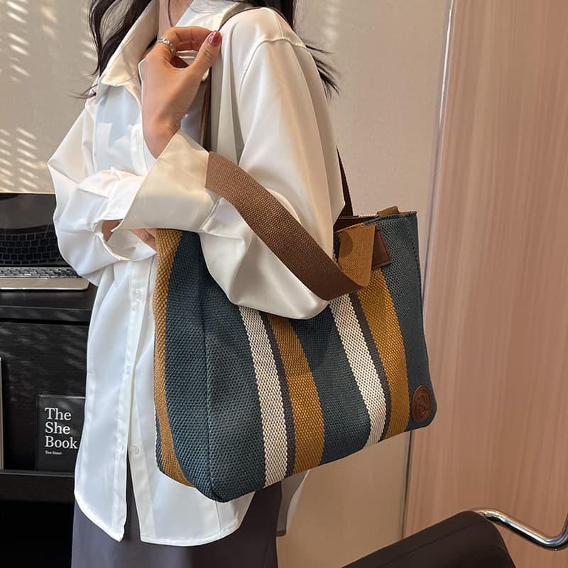 A4トートバック 大容量 ストライプ キャンバス トートバッグ