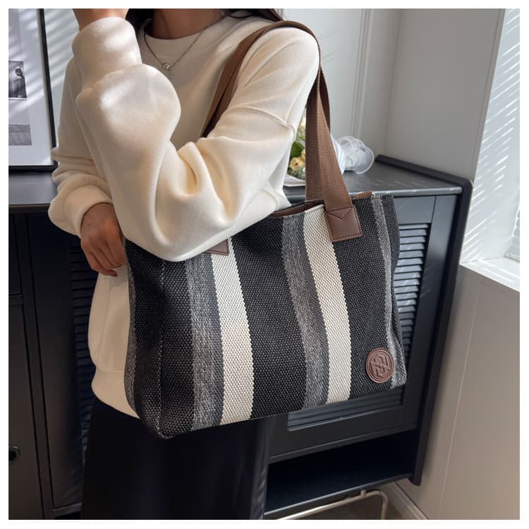 A4トートバック 大容量 ストライプ キャンバス トートバッグ